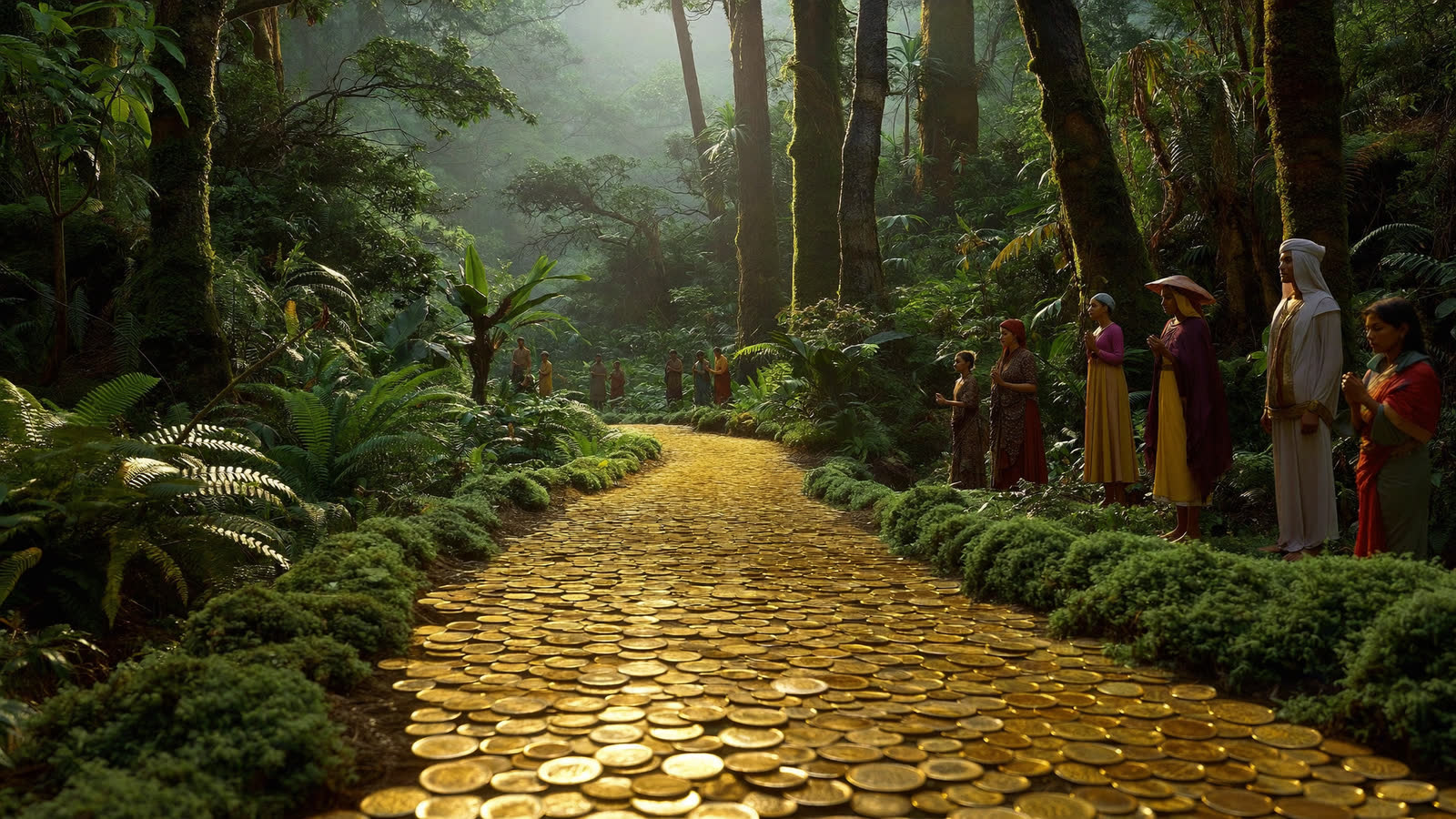 A gold-coin path winding through a misty forest, with figures of varied backgrounds gathered along the edge