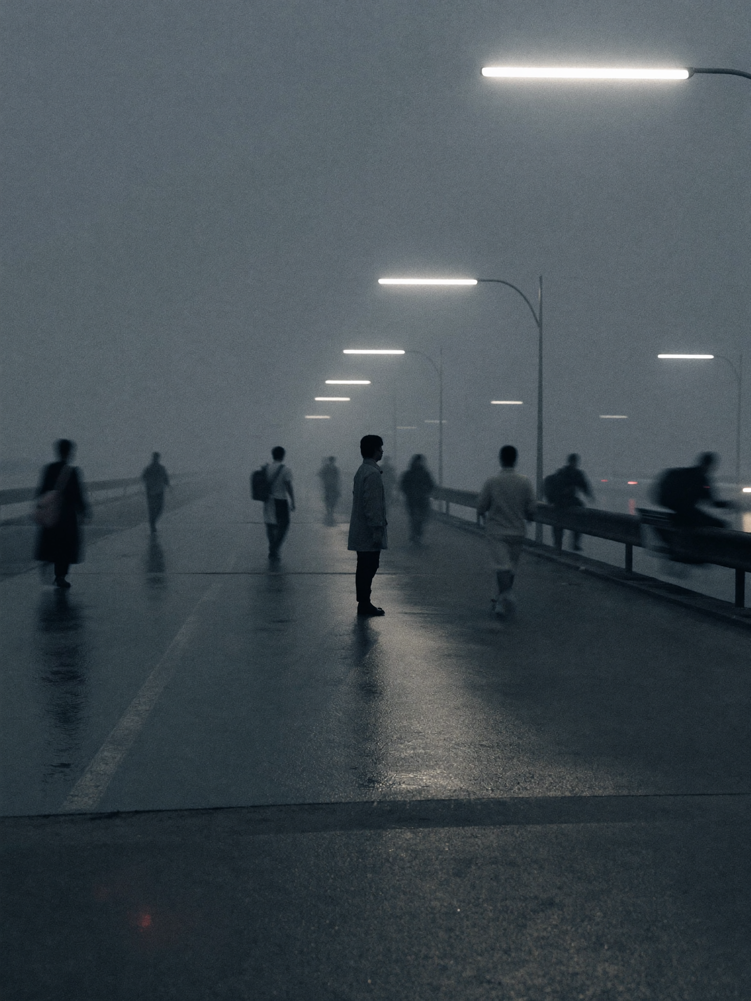 A lone figure standing still on a cold grey street at dusk while blurred commuters rush past, isolated and left behind